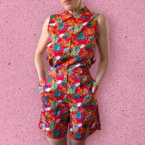 Vintage Sharon Young Sportswear Red Sports Travel Novelty Print 2pc Play Set